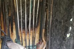 Patio torches, shovels, rakes, farm jack, lantern